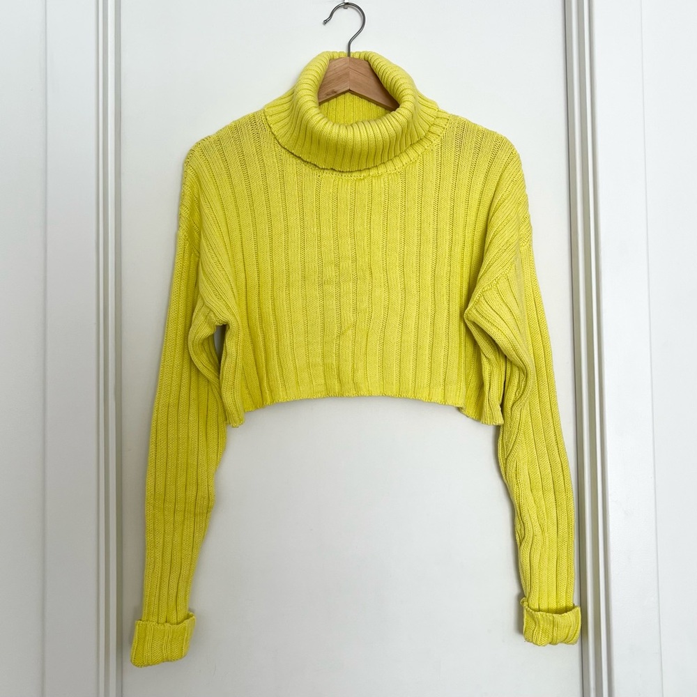 Forever 21 Women's Cropped Turtleneck Sweater Size L Neon Yellow Chunky Y2K